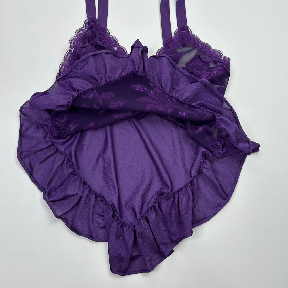 Vintage 70s Sopre Lingerie Purple Floral Lace Teddy Bodysuit Ruffle Trim Small - Picture 5 of 6
